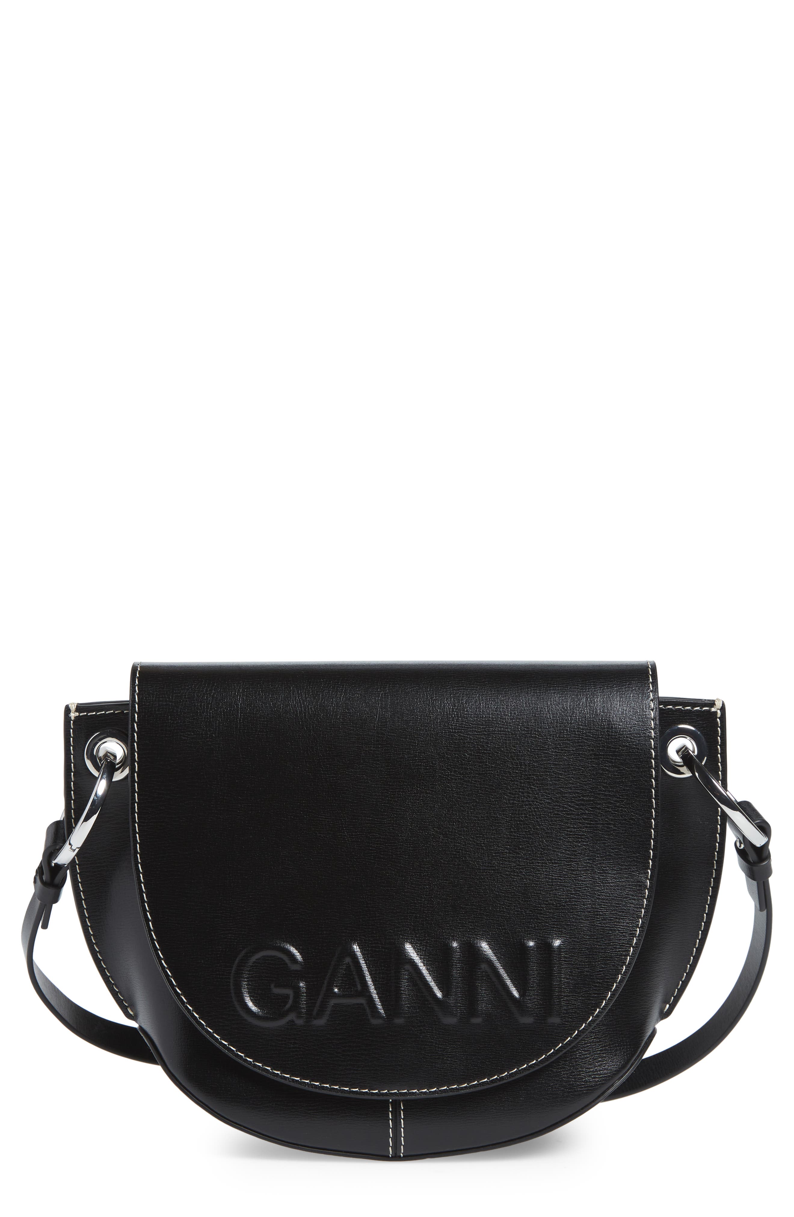 Ganni Banner Recycled Leather Saddle Bag, Main, color, 