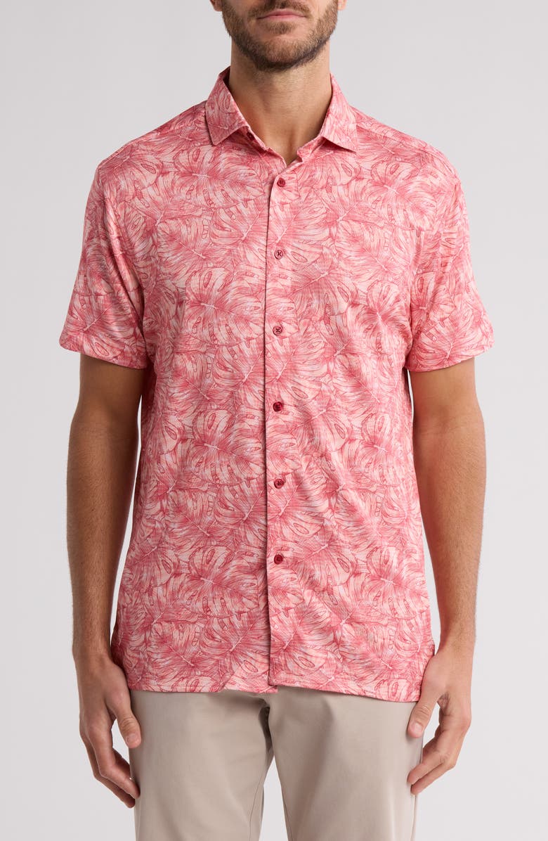 CONSTRUCT Slim Fit Large Monstera 4-Way Stretch Short Sleeve Button-Up Shirt, Main, color, Coral