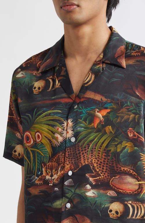 Endless Joy Jungle Print Silk Satin Camp Shirt In Black Multi
