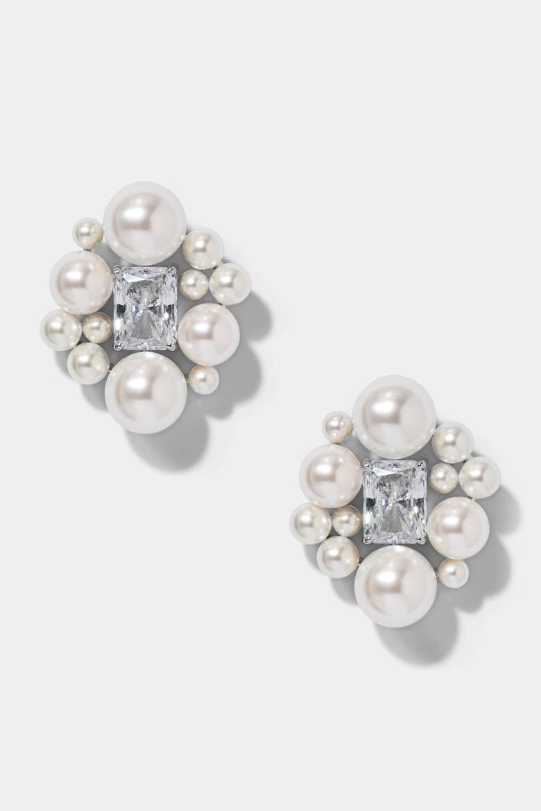 Ingrid Pearl and CZ Cluster Stud Earrings, Main, color, Rhodium