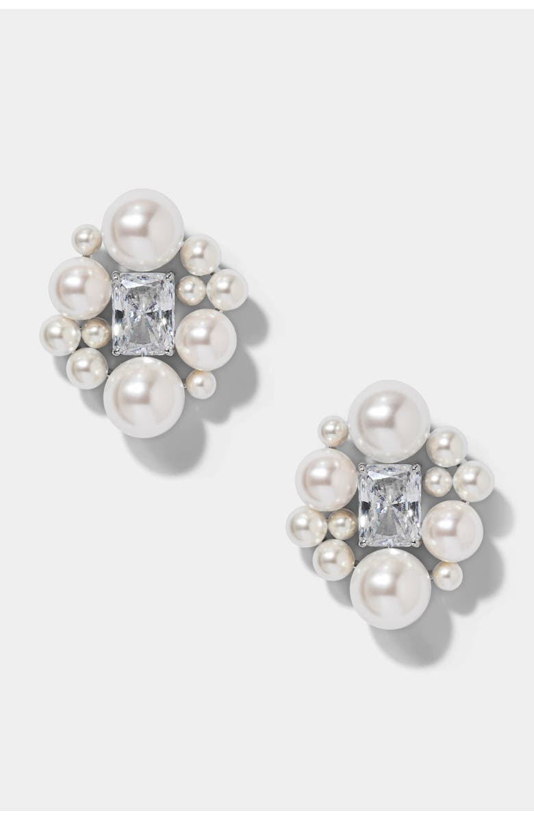 Nadri Ingrid Pearl and CZ Cluster Stud Earrings, Main, color, Rhodium