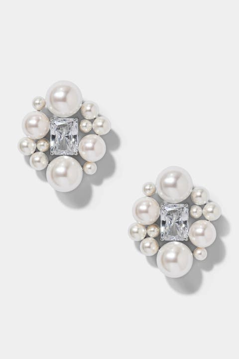 Ingrid Pearl and CZ Cluster Stud Earrings