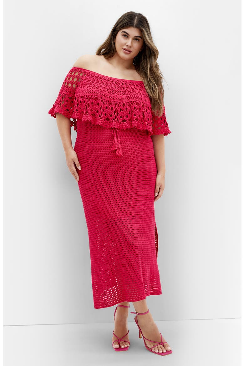 Callie Open Stitch Tie Waist Off the Shoulder Maxi Dress, Alternate, color, RASPBERRY