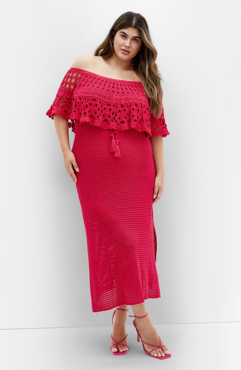 City Chic Callie Open Stitch Tie Waist Off the Shoulder Maxi Dress, Alternate, color, Raspberry