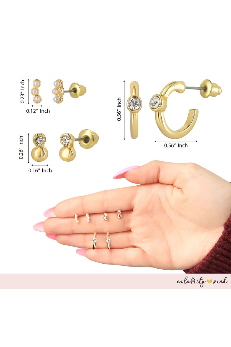 Embellished Gold-Tone Hoops and Stud Earrings Pack of 6 | 6-Pack, Small Hoops and Stud Earrings with Pearl and Rhinestone Accents, Alternate, color, Gold-Tone