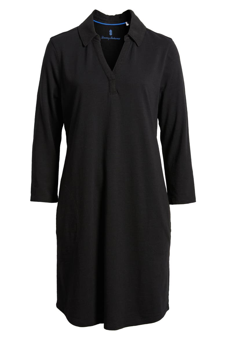 Ashby Isles Long Sleeve Cotton Jersey Polo Dress, Alternate, color, BLACK