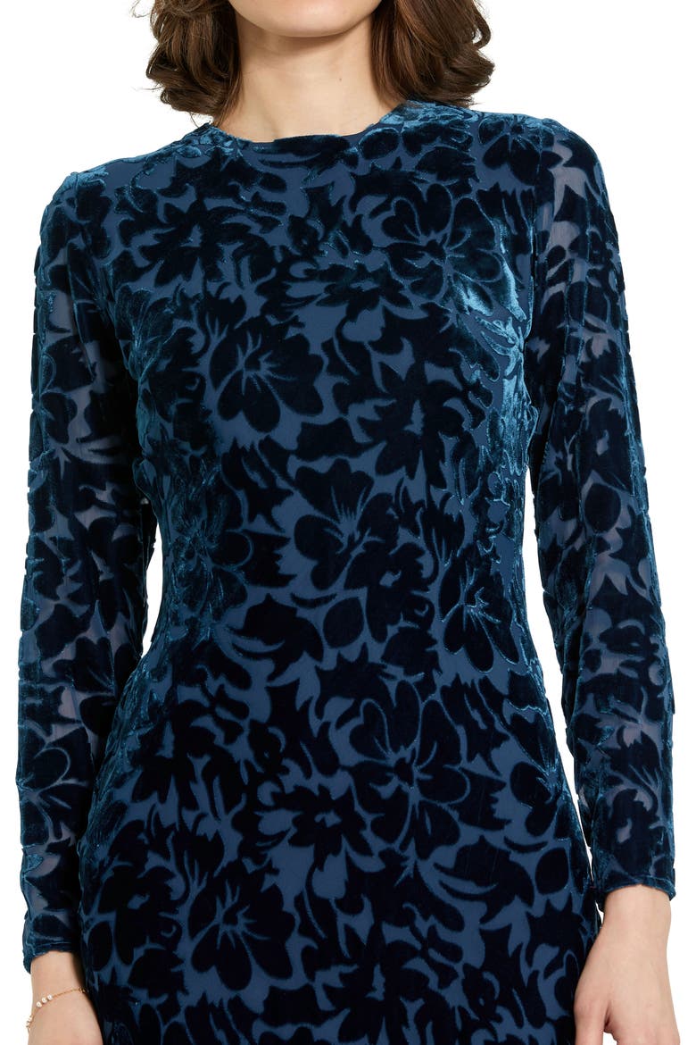 Burnout Velvet Long Sleeve Ruffle Hem Midi Dress, Alternate, color, Deep Blue