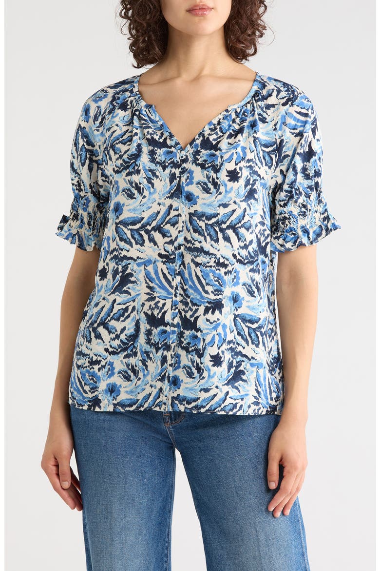 Puff Sleeve Top, Main, color, IVORY-BLUE IKAT BLOSSOM