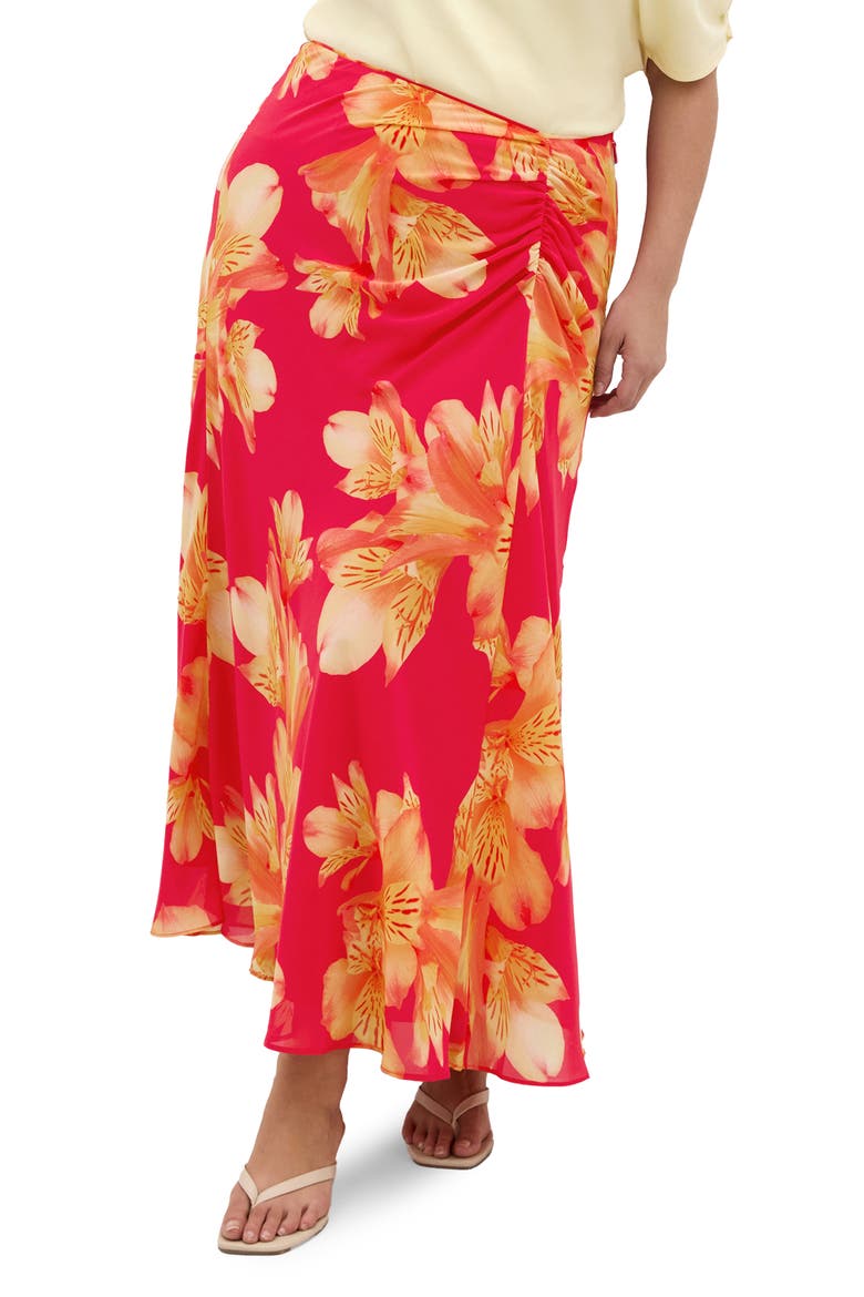 Soiree Print Ruched Maxi Skirt, Main, color, FUCHSIA LILY