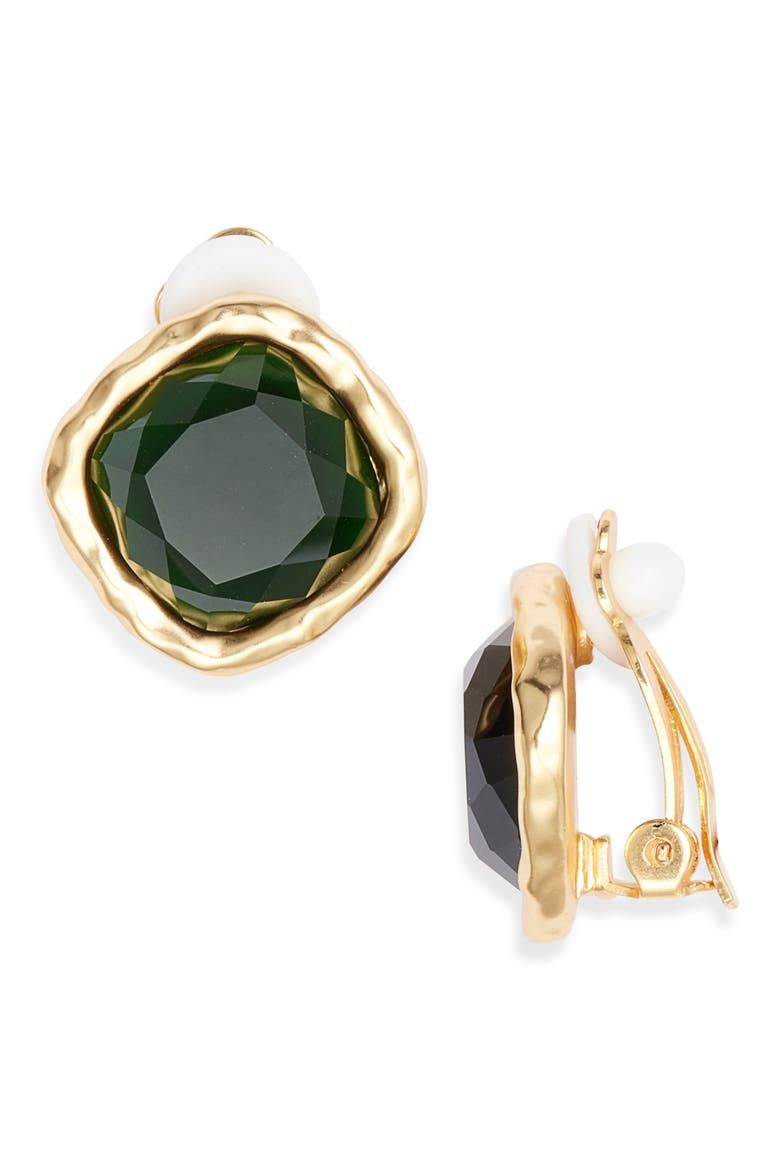 Bezel Clip-On Earrings, Main, color, GREEN/ GOLD