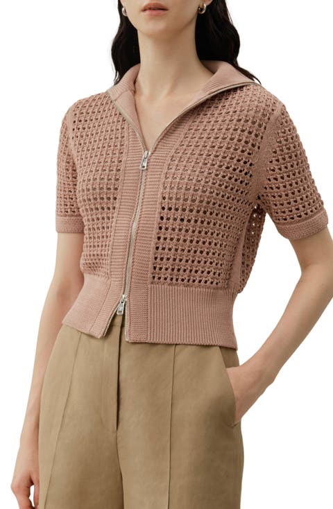 Toscana Pointelle Knit Double-Zip Cardigan