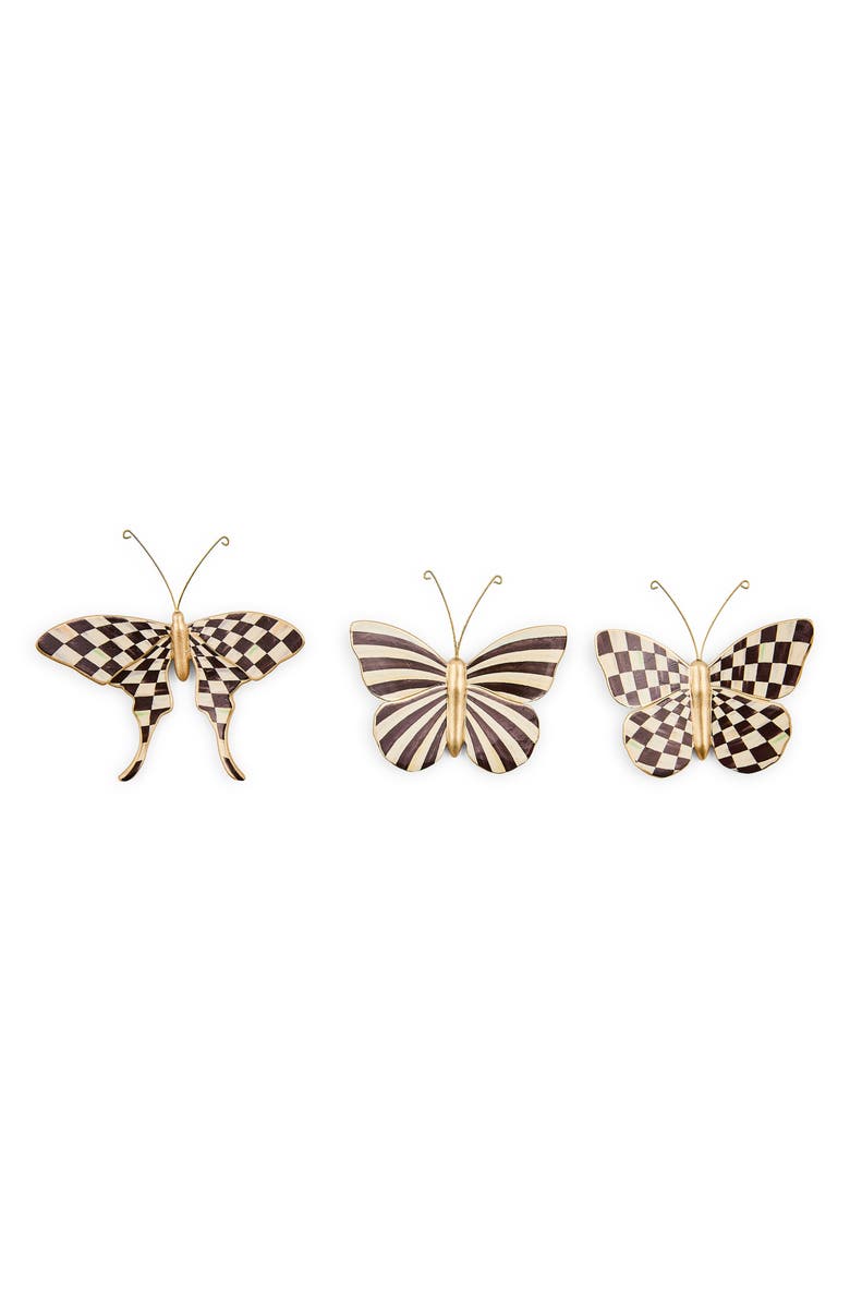 MACKENZIE CHILDS Set of 3 Courtly Check & Stripe Butterfly Wall Decor, Main, color, Black