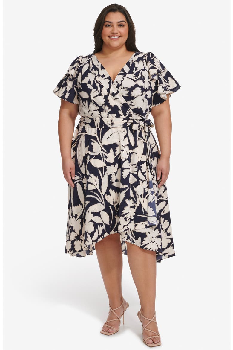 Double Flutter Sleeve Faux Wrap Dress, Alternate, color, SPRING NAVY