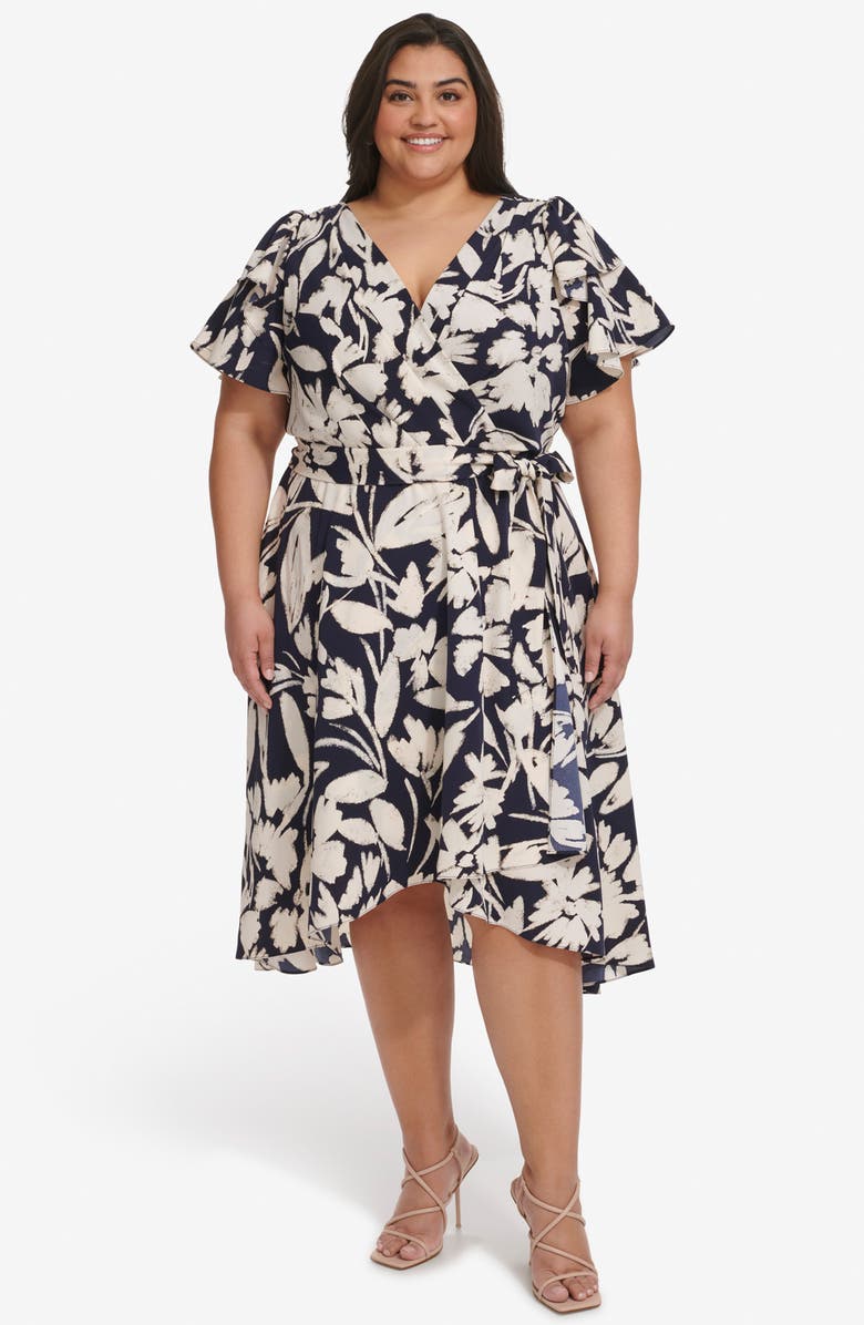 DKNY Double Flutter Sleeve Faux Wrap Dress, Alternate, color, Spring Navy