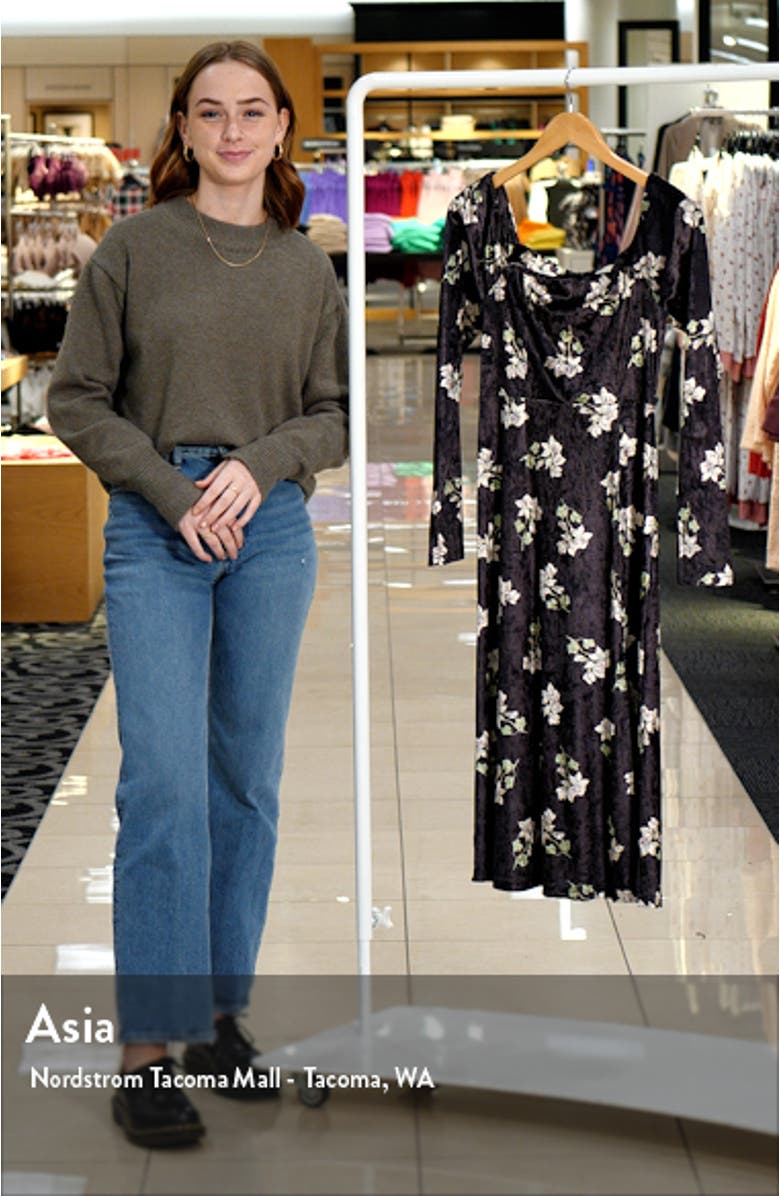 Print Square Neck Long Sleeve Stretch Velvet Dress, sales video thumbnail