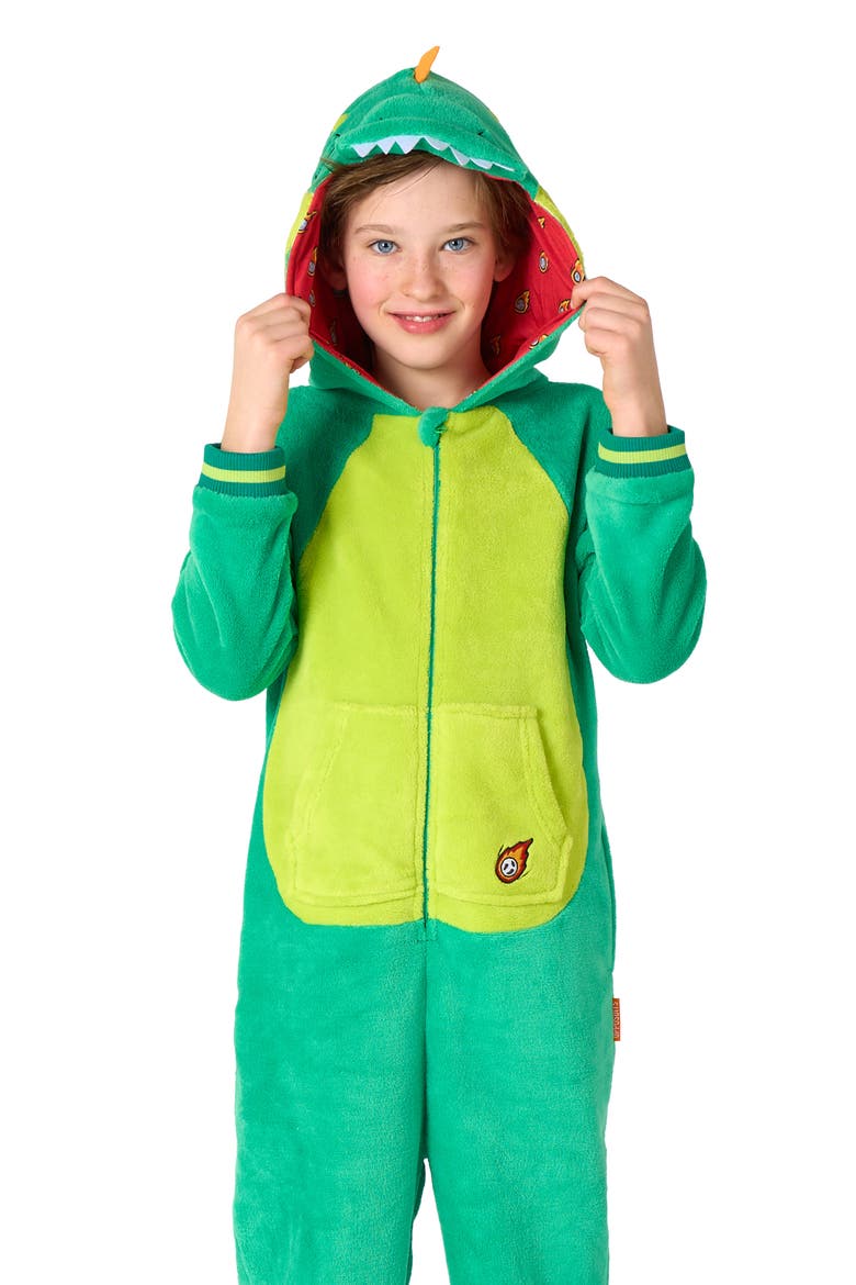 Kids' Dinosaur One Piece Hooded Jumpsuit, Alternate, color, GREEN