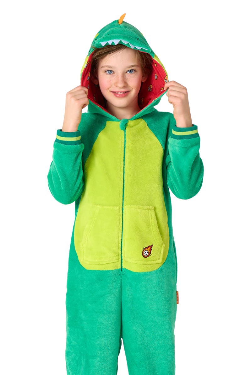 OppoSuits Kids' Dinosaur One Piece Hooded Jumpsuit, Alternate, color, Green
