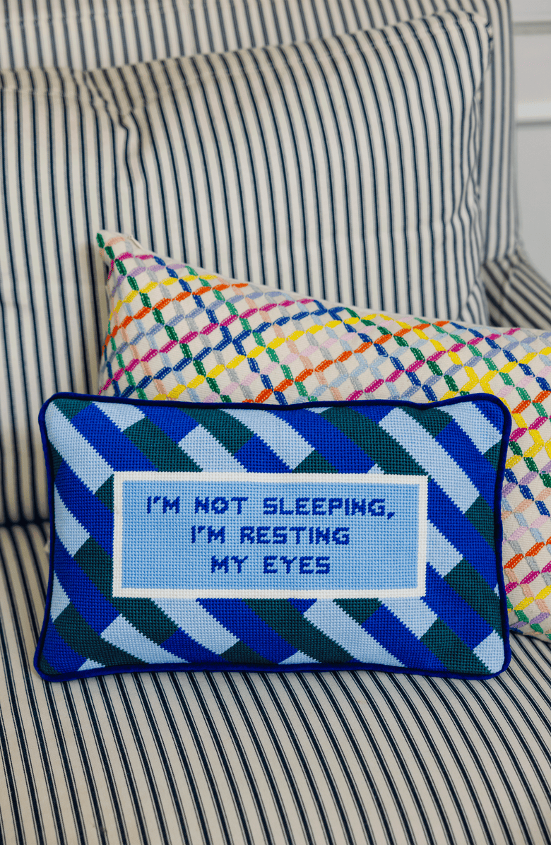 Furbish Eyes Resting Needlepoint Pillow, Alternate, color, Eyes Resting