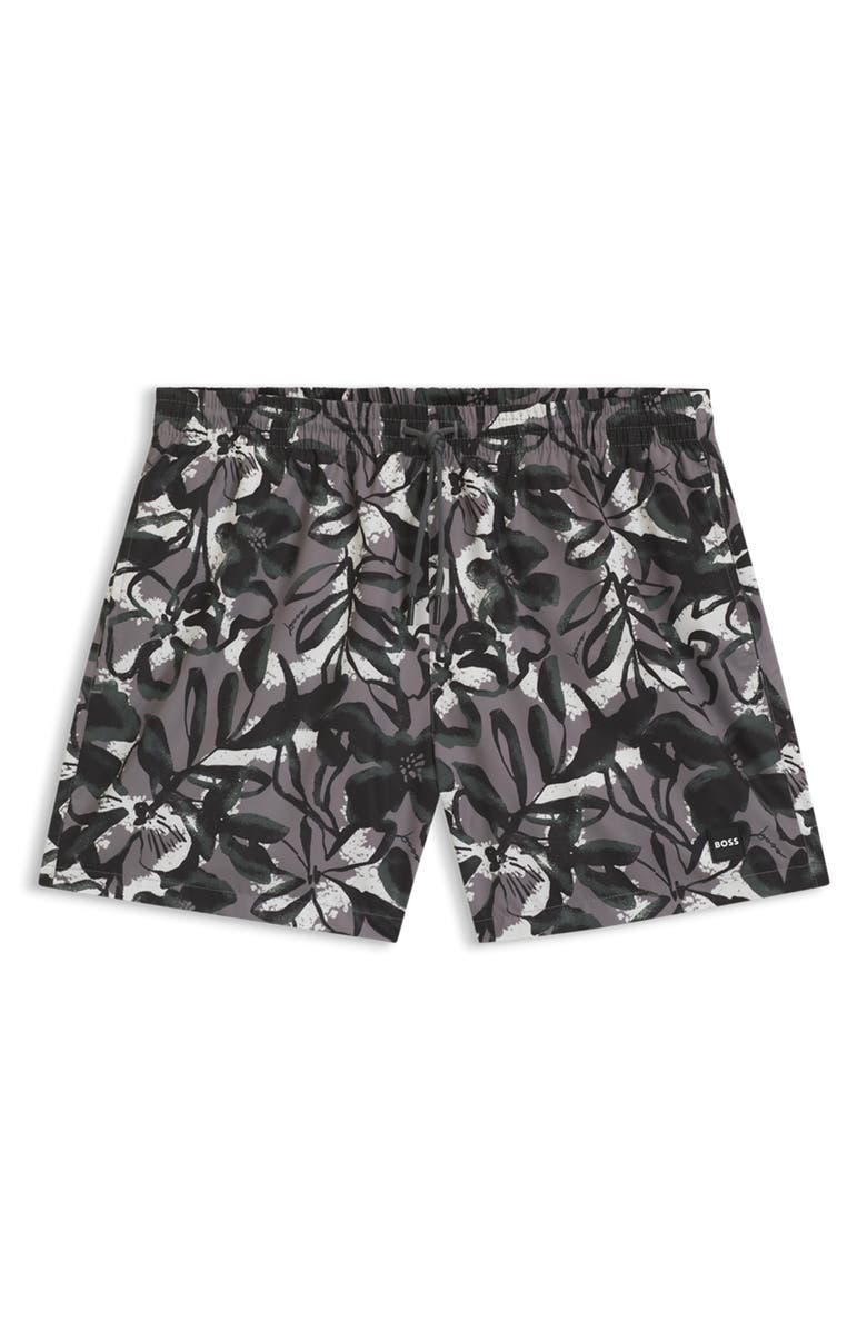 BOSS Pirhana Abstract Floral Swim Trunks, Alternate, color, Open Grey