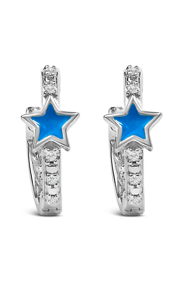 Haus of Brilliance Silver Diamond Accent and Blue Enamel Star Hoop Earrings, Main, color, White