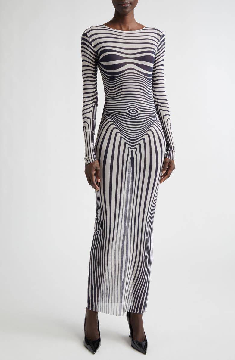 Jean Paul Gaultier Re-Edition Body Morphing Trompe l'Oeil Long Sleeve Mesh Dress, Main, color, Ecru/ Navy