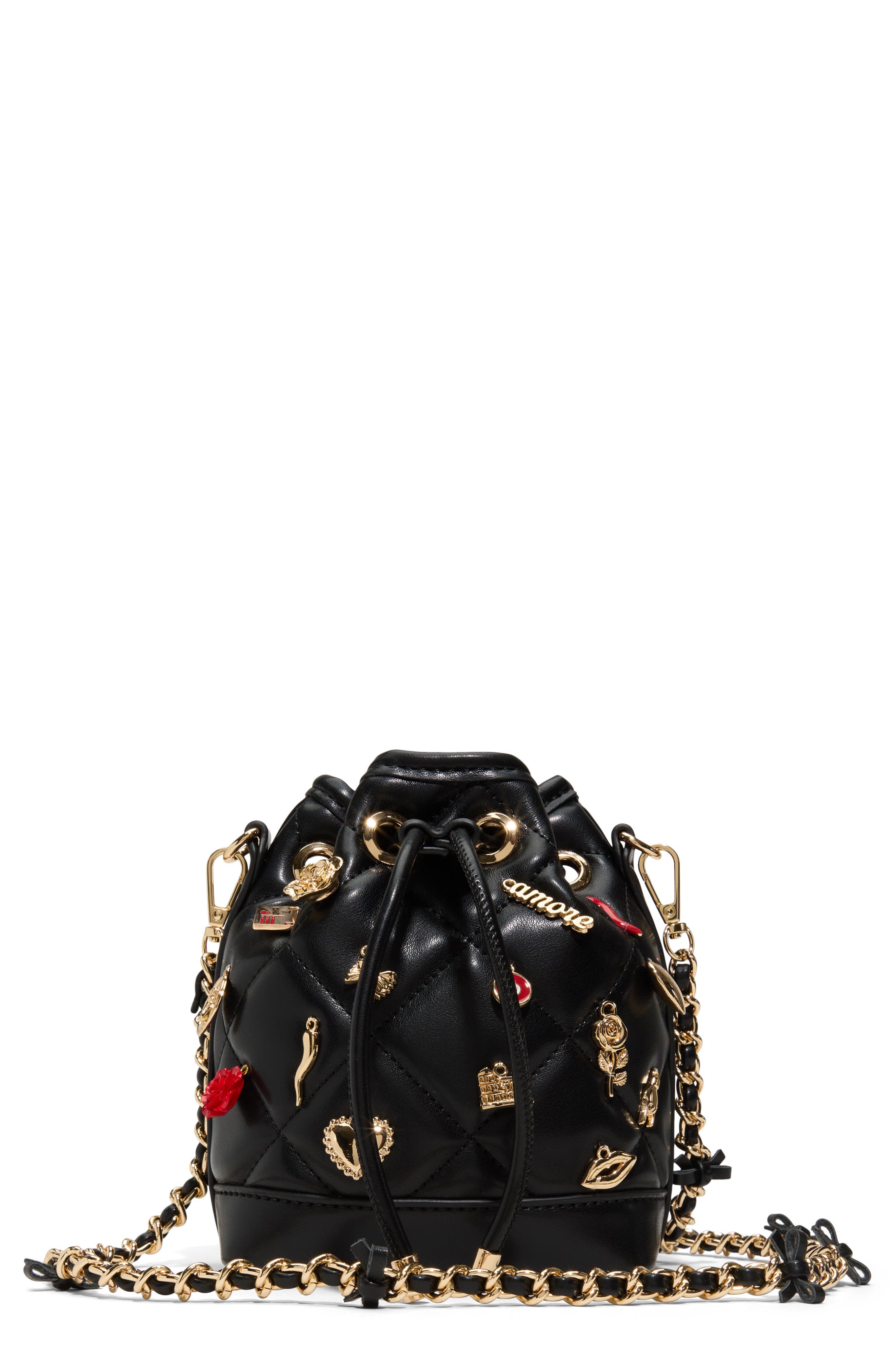 ALDO Romalovee Diamond Quilted Faux Leather Bucket Bag, Main, color, Black