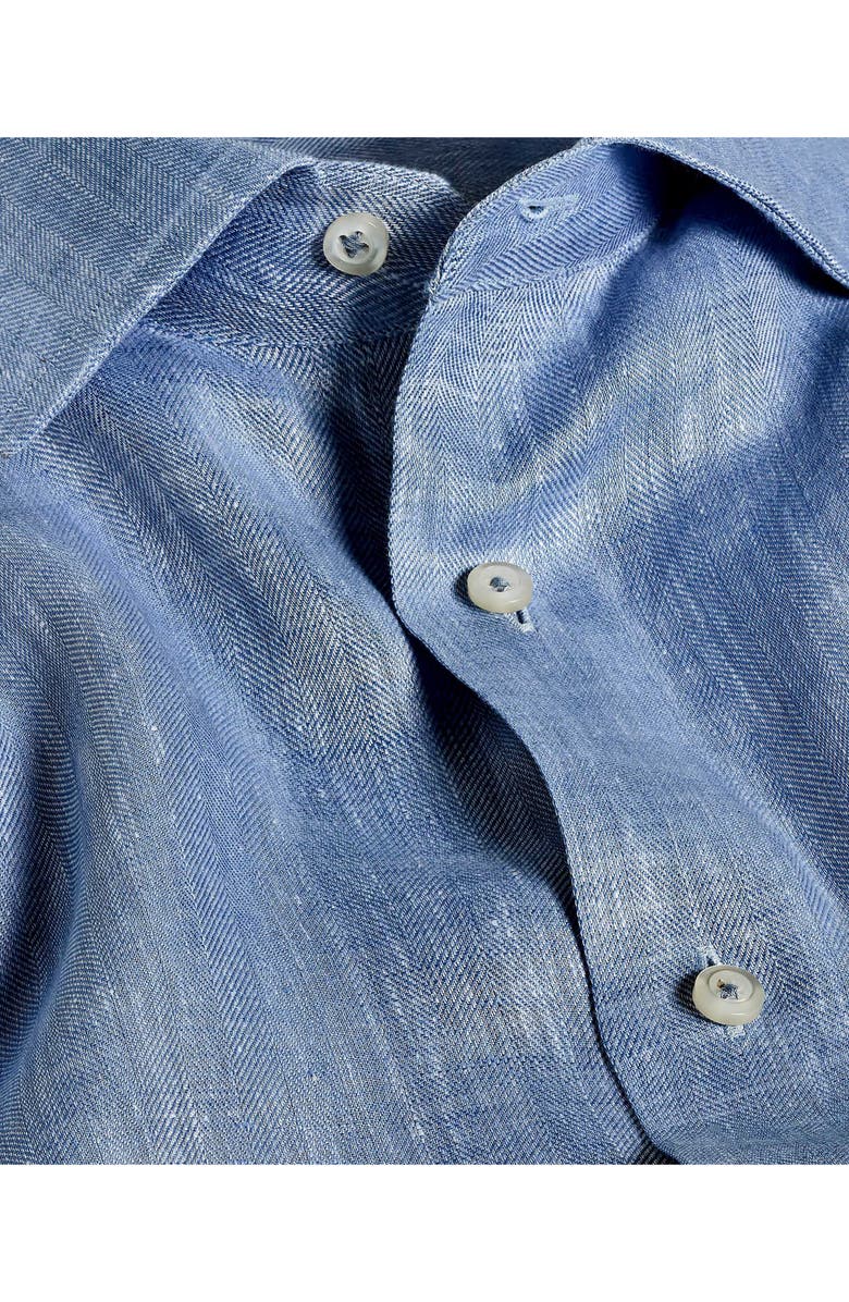 David Donahue Trim Fit Linen Herringbone Dress Shirt, Alternate, color, Denim