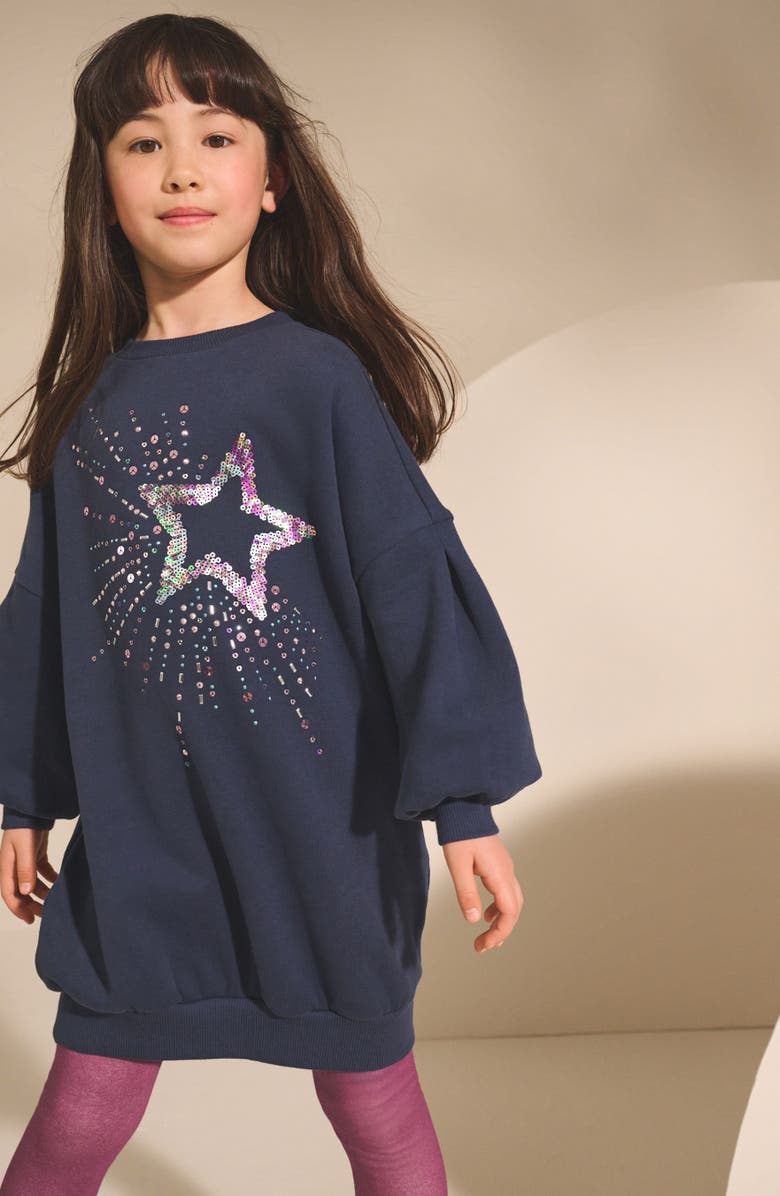 NEXT Kids' Sequin Star Sweatshirt Dress, Alternate, color, Blue