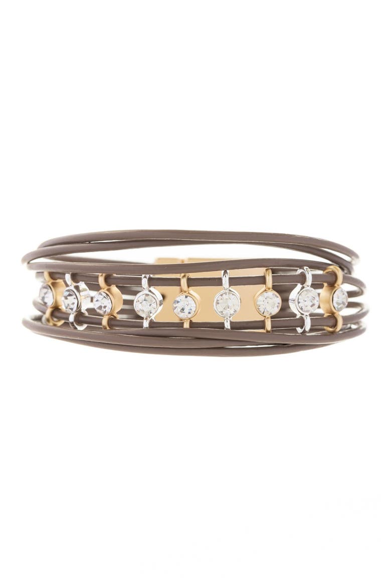 Crystal Embellished Leather Bracelet, Main, color, BROWN