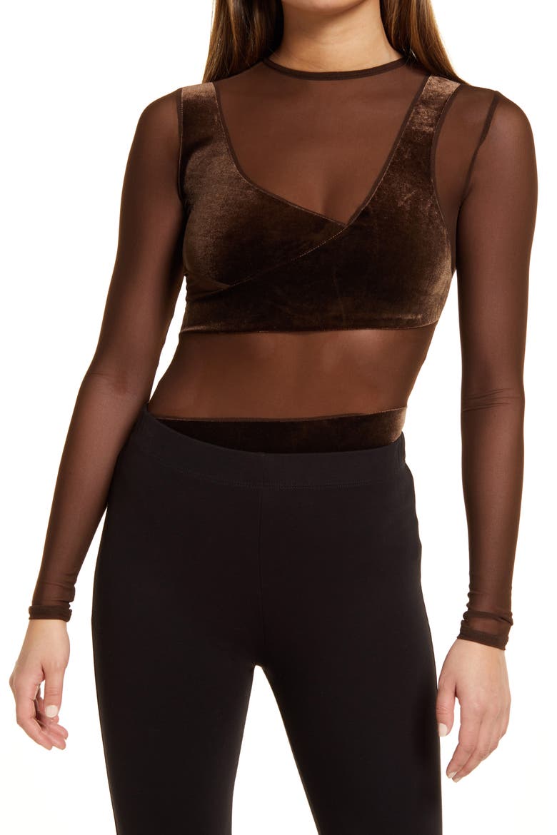 Velvet Long Sleeve Bodysuit, Main, color, BROWN