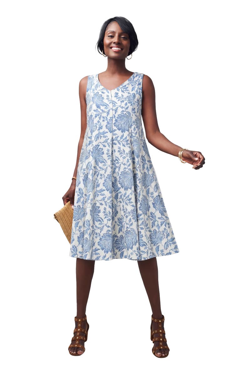 Jessica London Cotton Denim Dress, Main, color, Azure Floral Tapestry