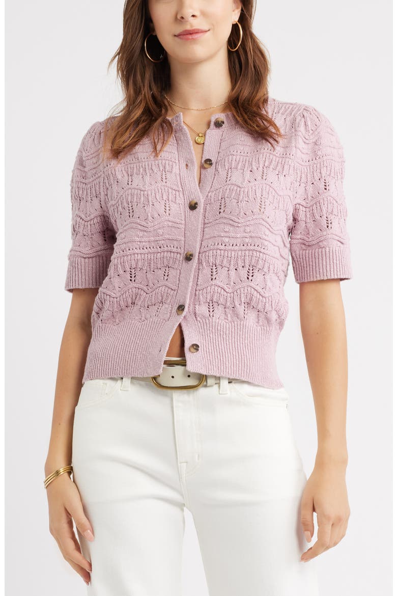 Short Sleeve Pointelle Cardigan, Main, color, PURPLE SHADE
