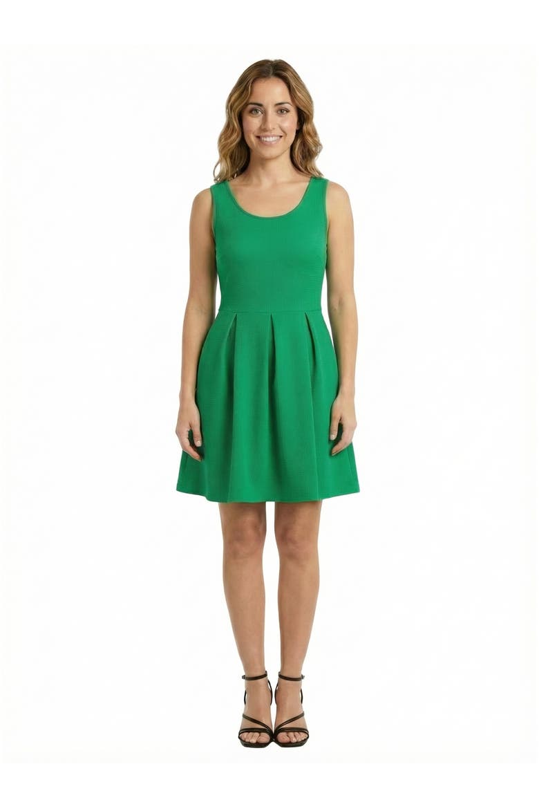 Essential Petite Scoop Neck Sleeveless Pleated Knee Length Pocket Fit N Flare Dress, Main, color, Green