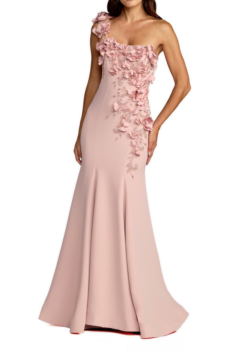 Crepe One Shoulder Floral Embellished Mermaid Evening Gown, Main, color, Mauve