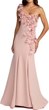 Mac Duggal Crepe One Shoulder Floral Embellished Mermaid Evening Gown