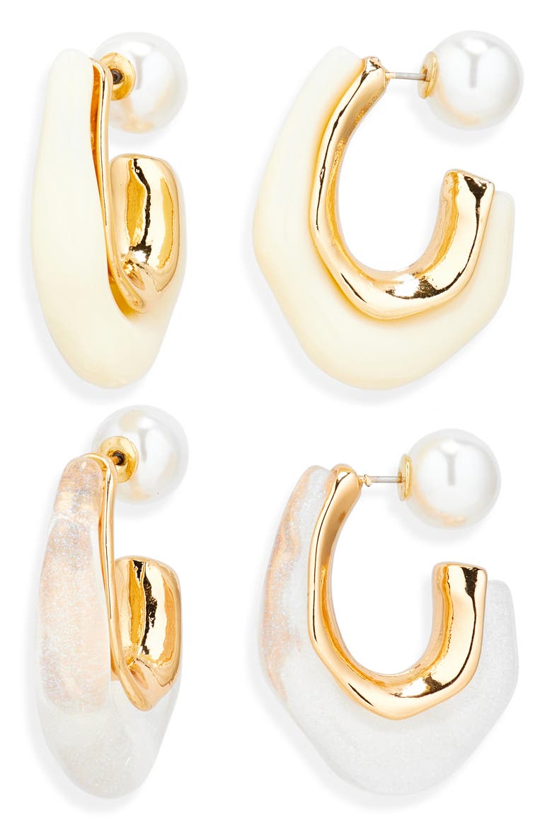 Set of 2 Resin & Faux Pearl Molten Hoop Earrings, Main, color, GOLD CREAM CLEAR