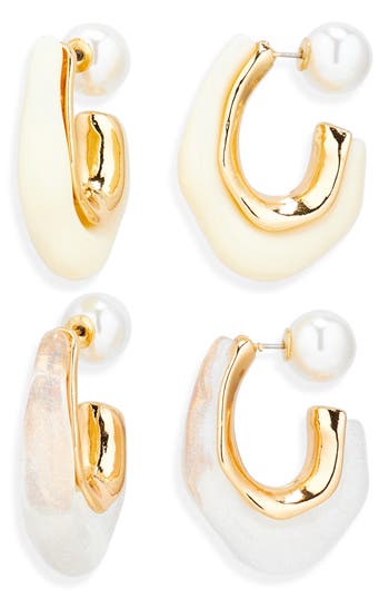 Natasha Set Of 2 Resin & Faux Pearl Molten Hoop Earrings