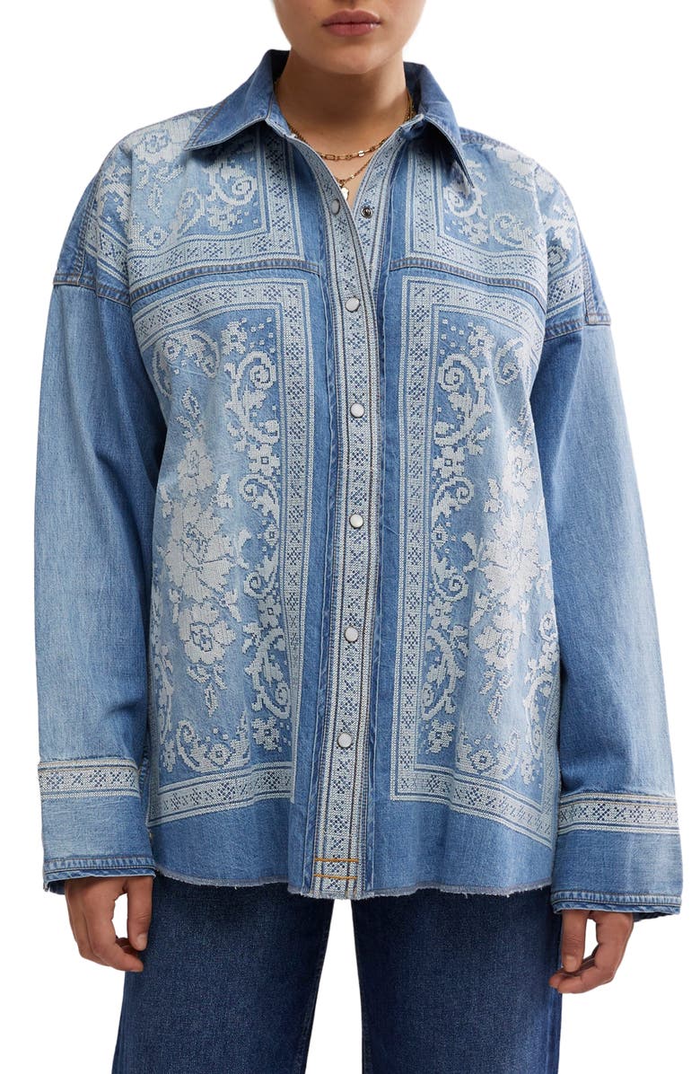 Free People Embroidered Oversize Denim Snap-Up Shirt, Main, color, 