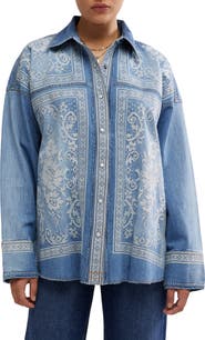 Free People Embroidered Oversize Denim Snap-Up Shirt