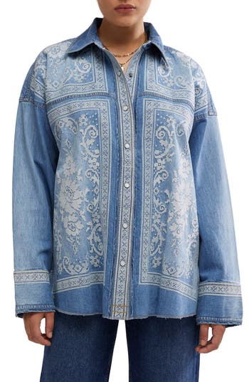 Shop Free People Embroidered Oversize Denim Snap-up Shirt In Med Rancher Wash