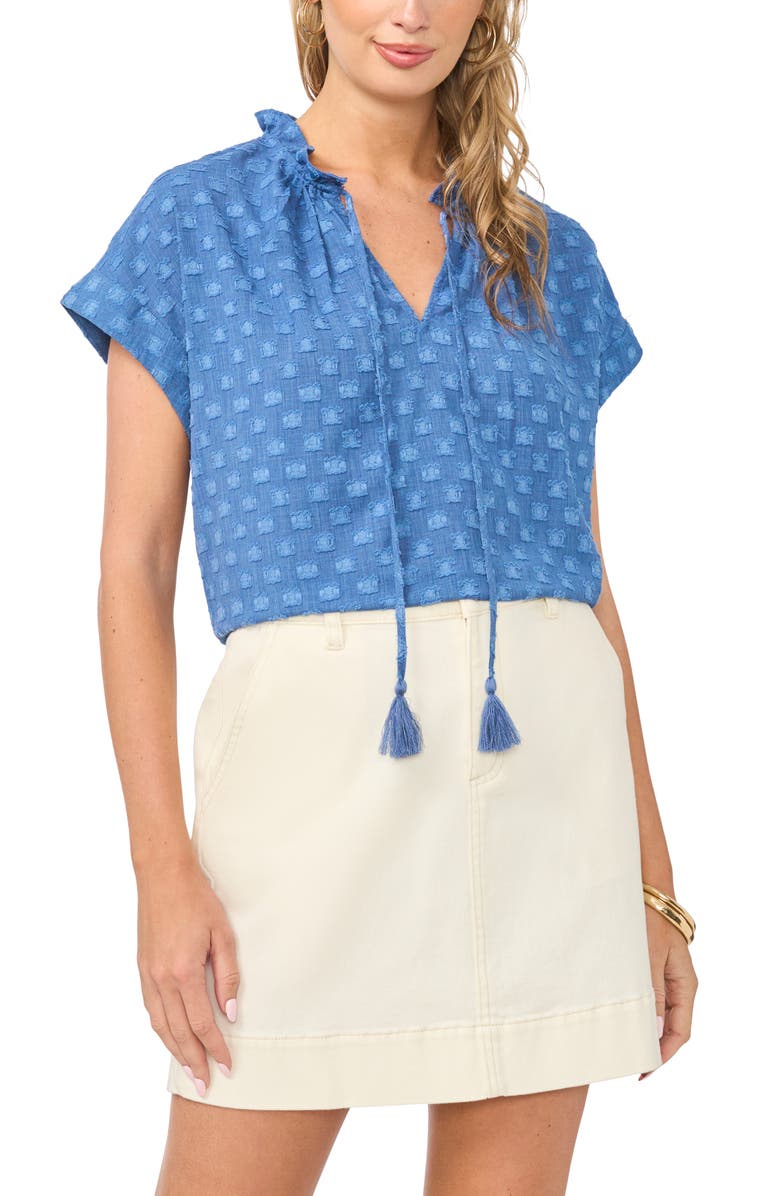 Vince Camuto Textured Tie Neck Top, Alternate, color, Classic Indigo