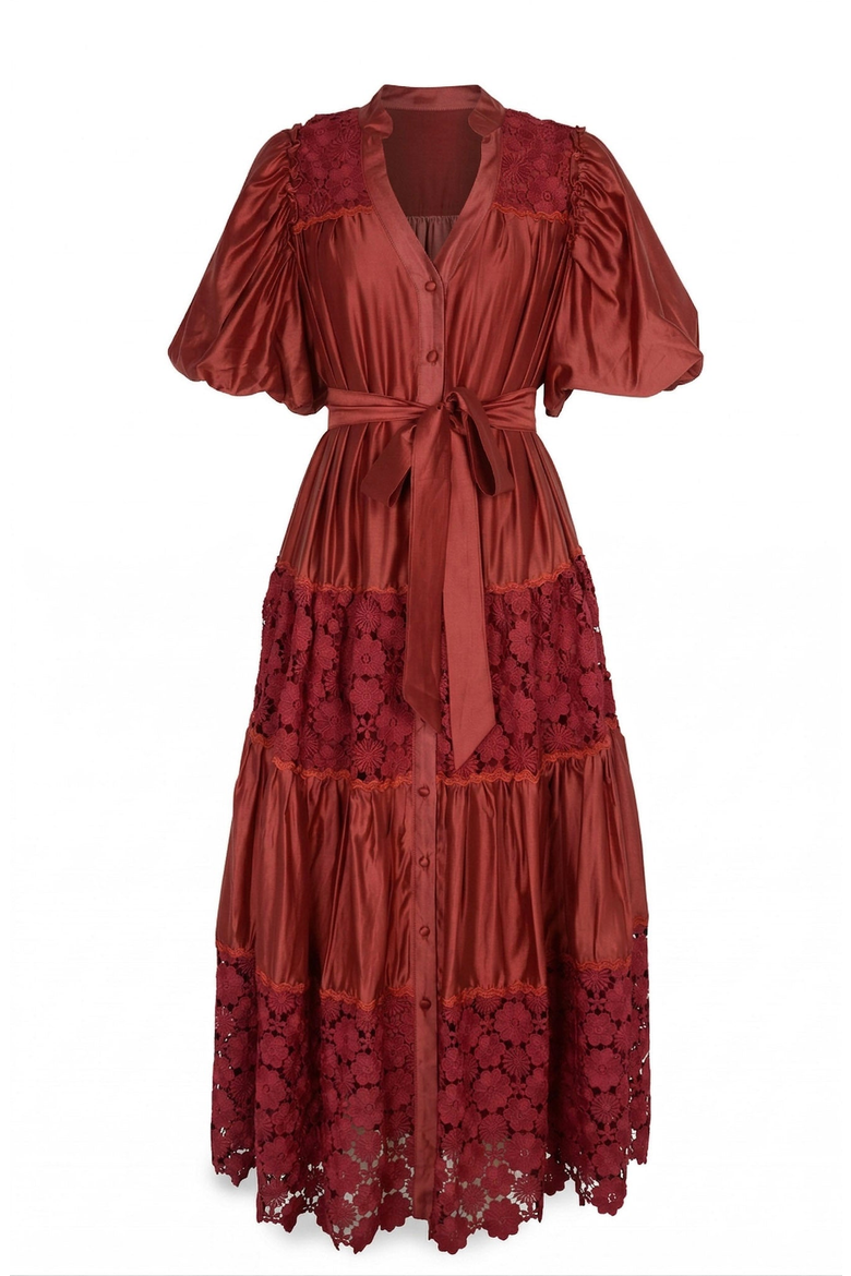 V-Neck Lace Paneling Midi Dress, Alternate, color, Red