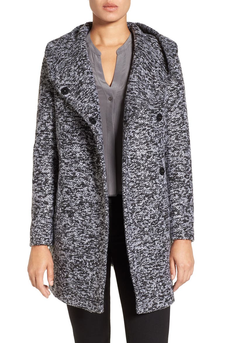 Asymetrical Tweed Duffle Coat, Main, color, BLACK/ GREY TWEED