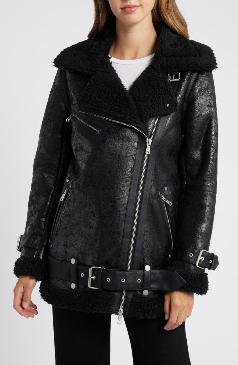 Avec Les Filles Faux Shearling Biker Jacket, Main, color, 