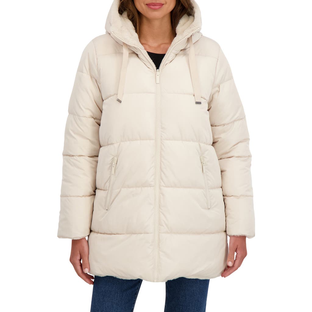 Sebby Faux Fur Reversible Hooded Puffer Jacket In Sand