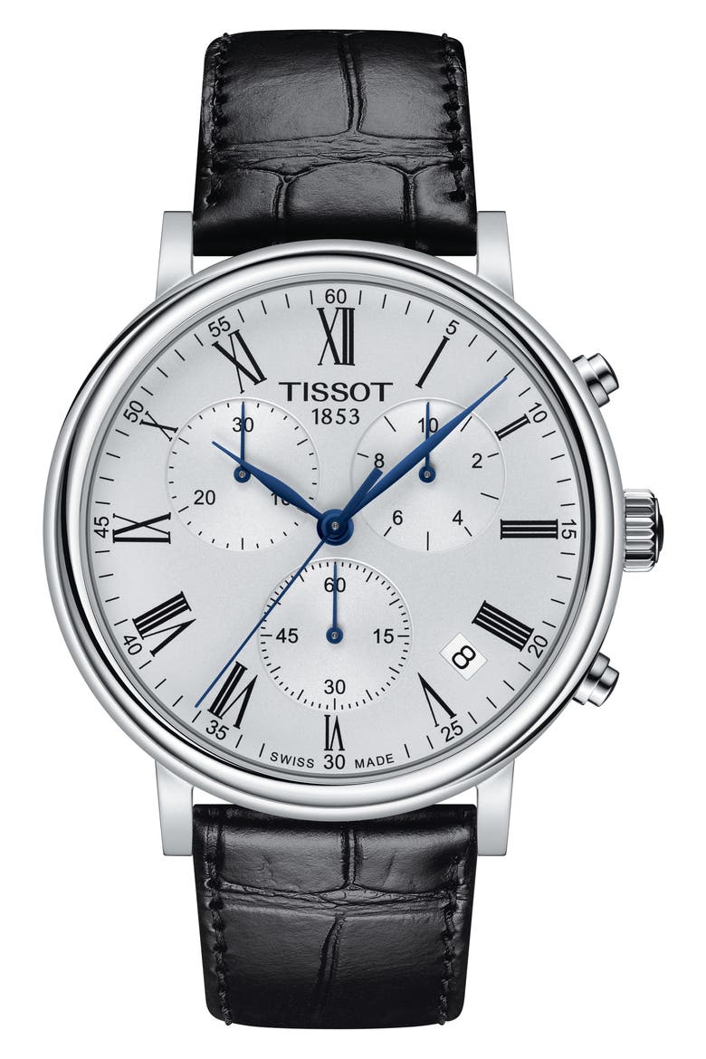 T-Classic Carson Premium Chronograph Leather Strap Watch, 41mm, Main, color, SILVER