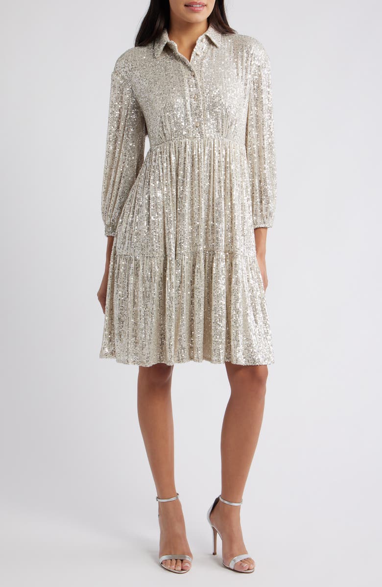 Eliza J Sequin Stripe Shirtdress, Main, color, Silver