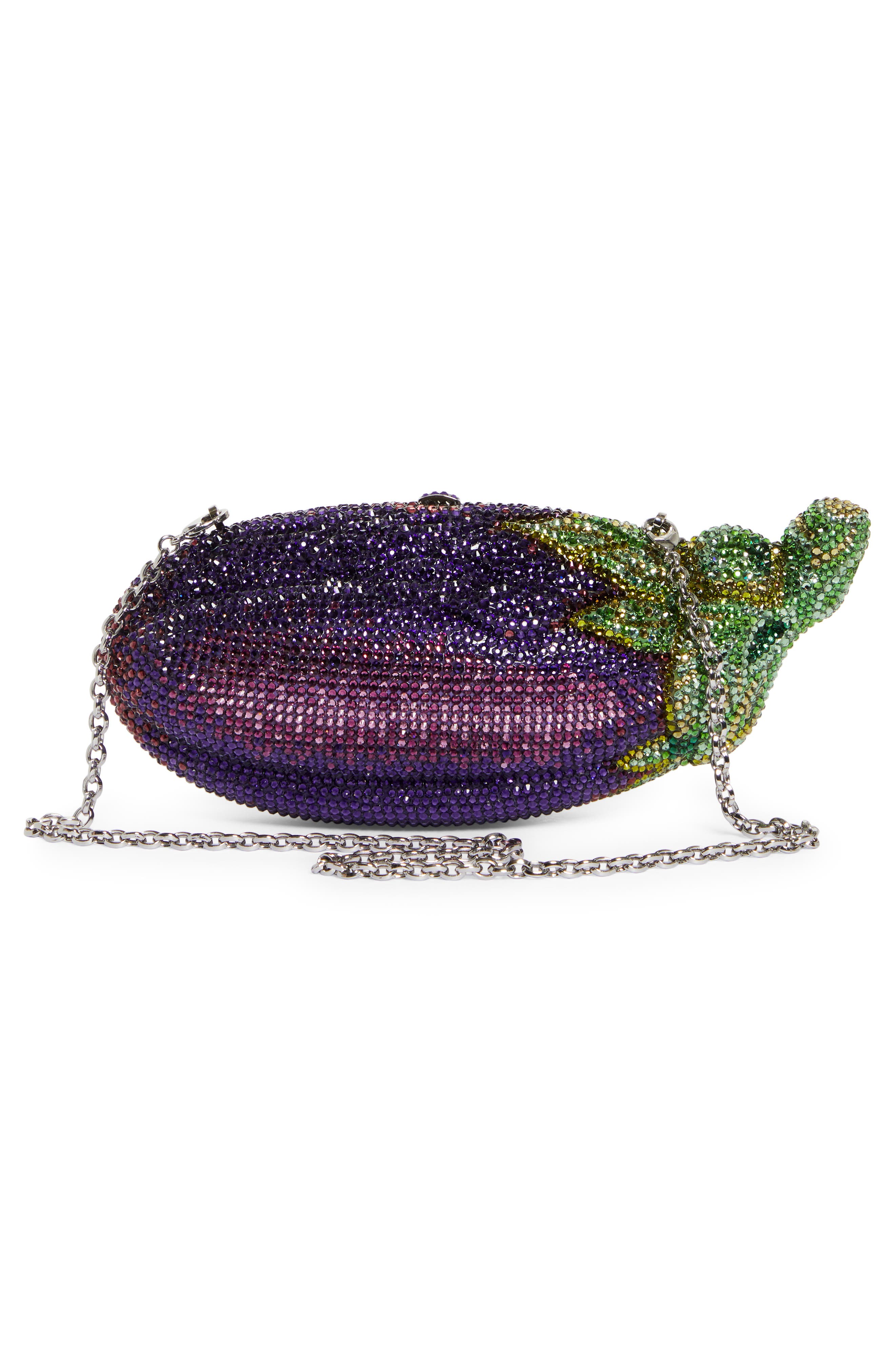 JUDITH LEIBER COUTURE Crystal Embellished Eggplant Clutch, Alternate, color, Silver Iris Multi