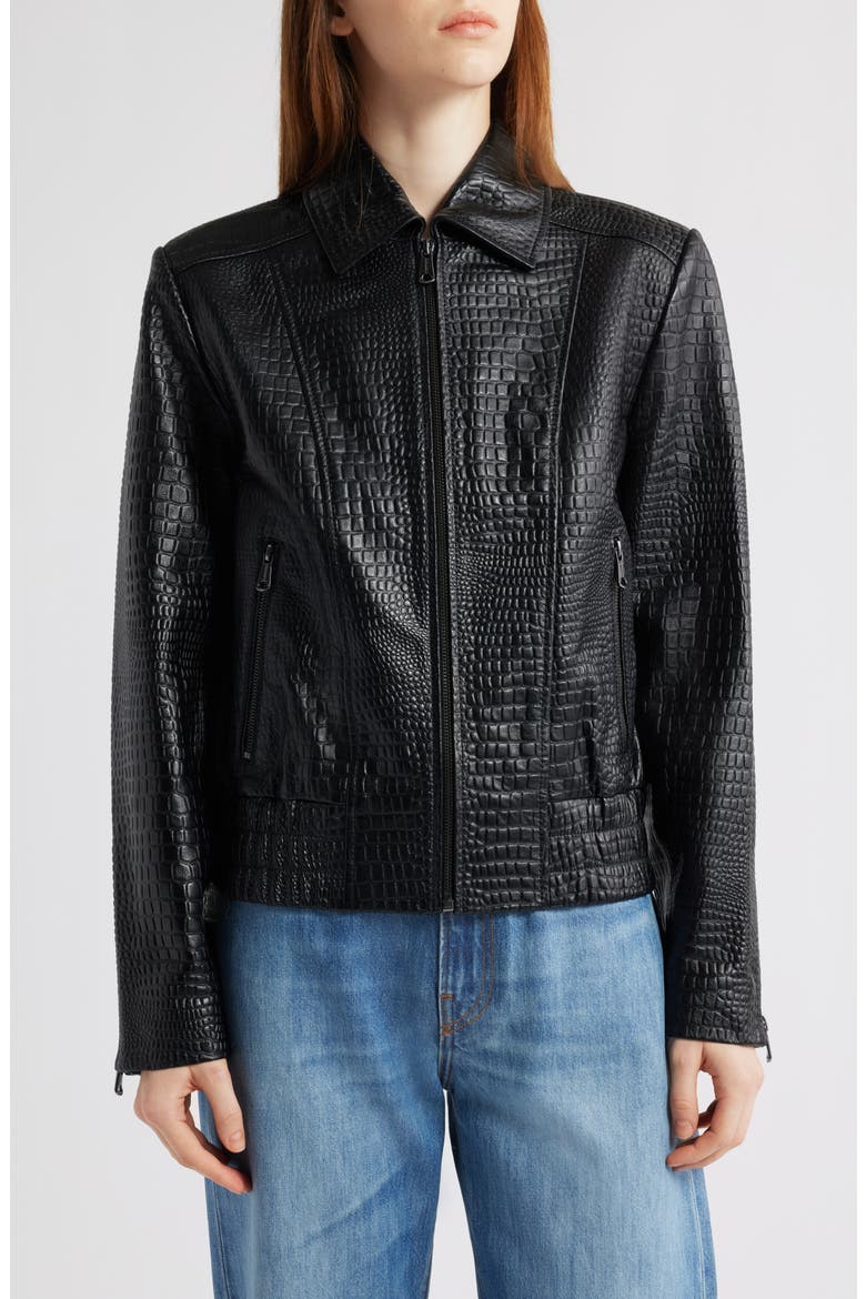 Short Croc-Embossed Leather Jacket, Main, color, BLACK