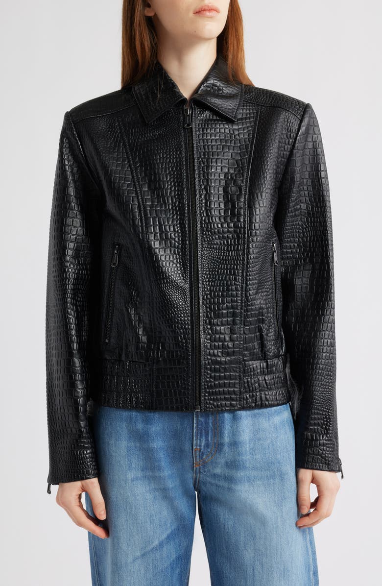 Bernardo Short Croc-Embossed Leather Jacket, Main, color, Black